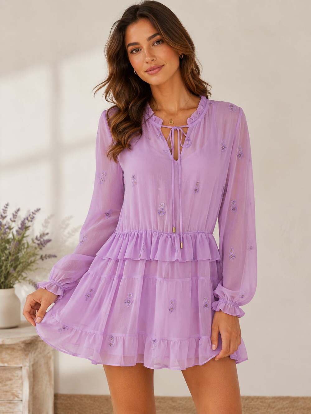 Karina Grimaldi Sienna Embroidered Mini Dress Lavender  XS NEW